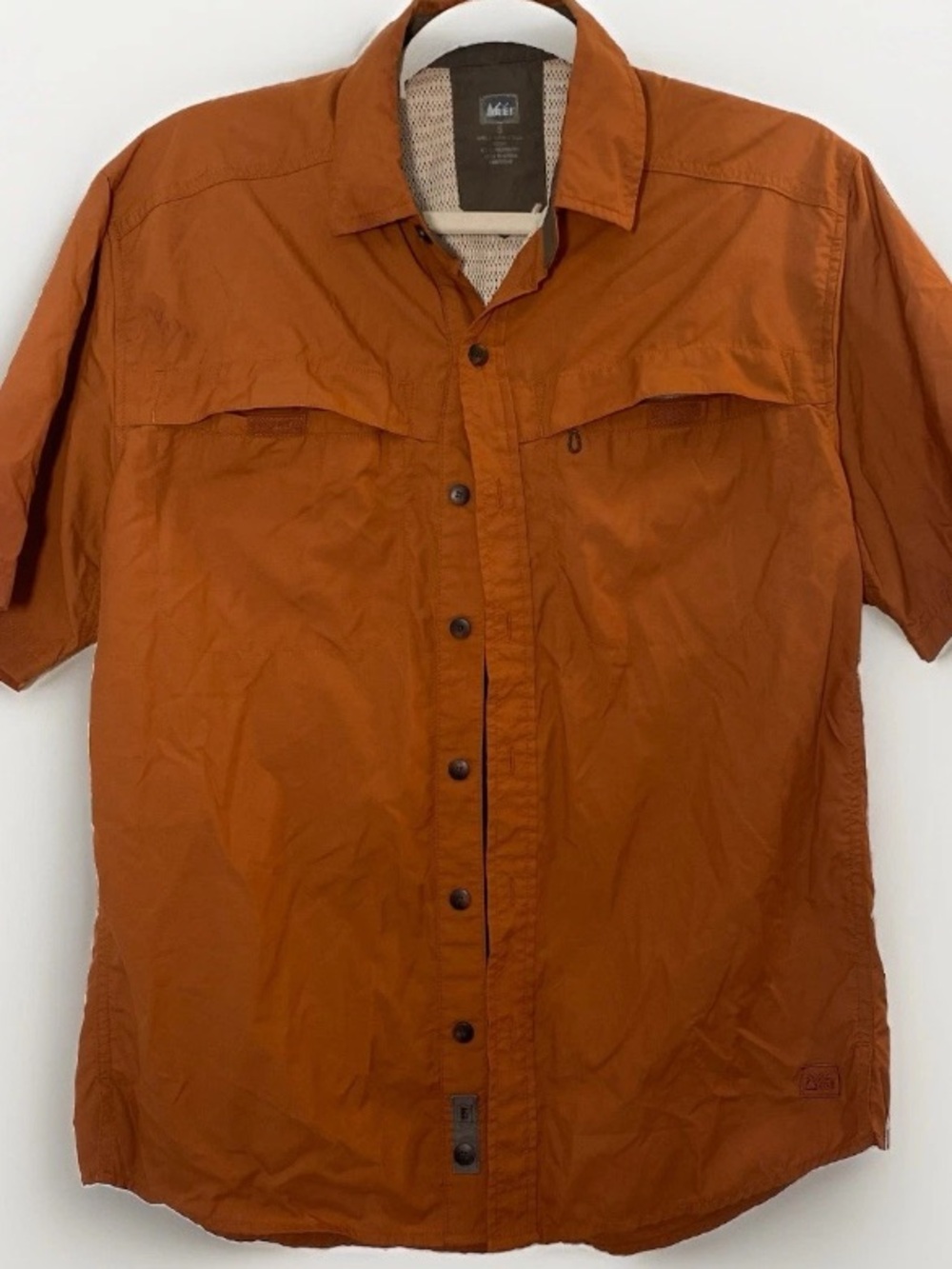 REI Men’s Small Shirt Short Sleeve Hiking Fishing Orange Vented Quick Dry Tech